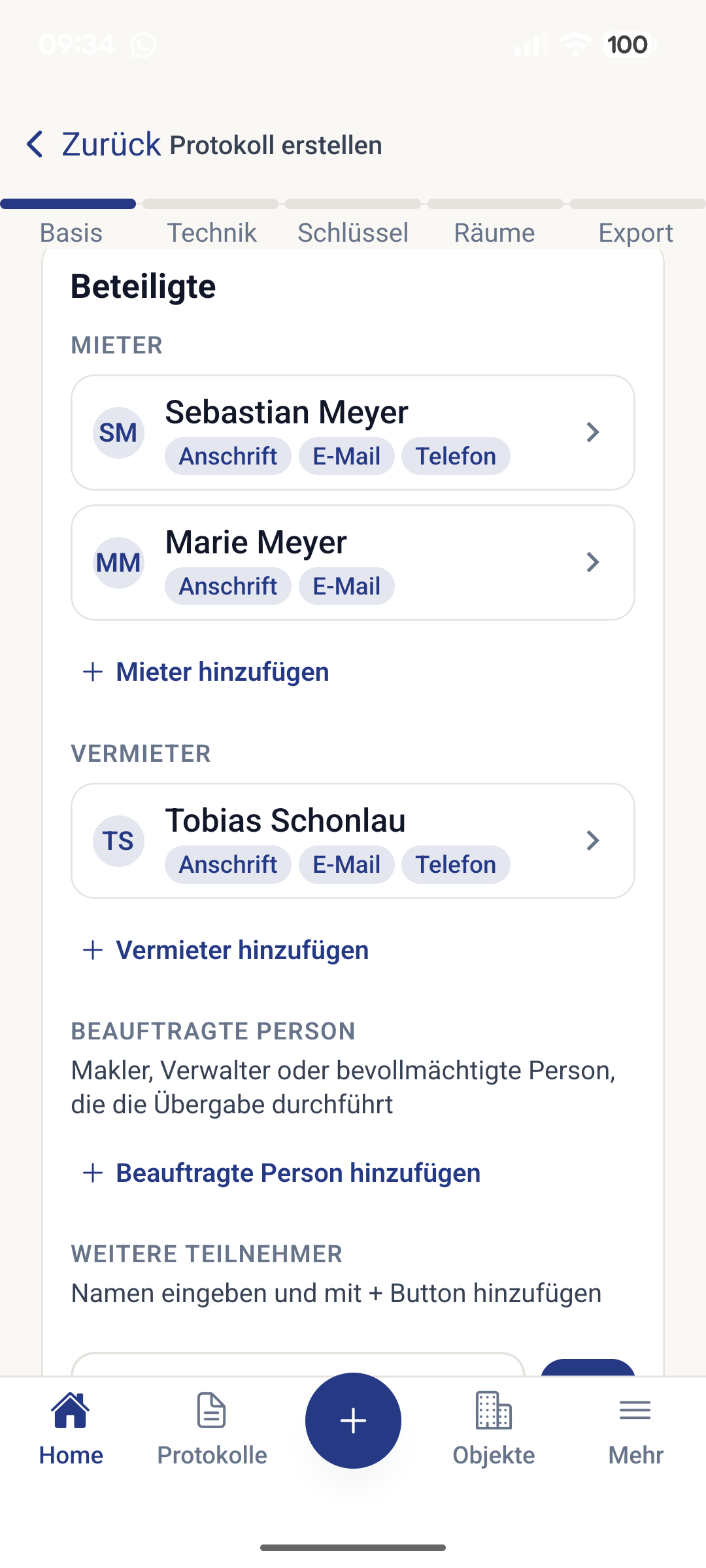 App-Screen: Beteiligte mit zwei Mietern und einem Vermieter — je Person Anschrift, E-Mail und Telefon