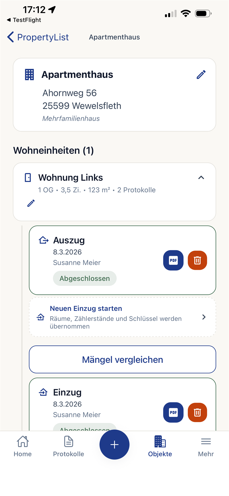 App-Screen: Objektverwaltung — Apartmenthaus mit Wohneinheit, Einzugs- und Auszugsprotokoll und Mängelvergleich