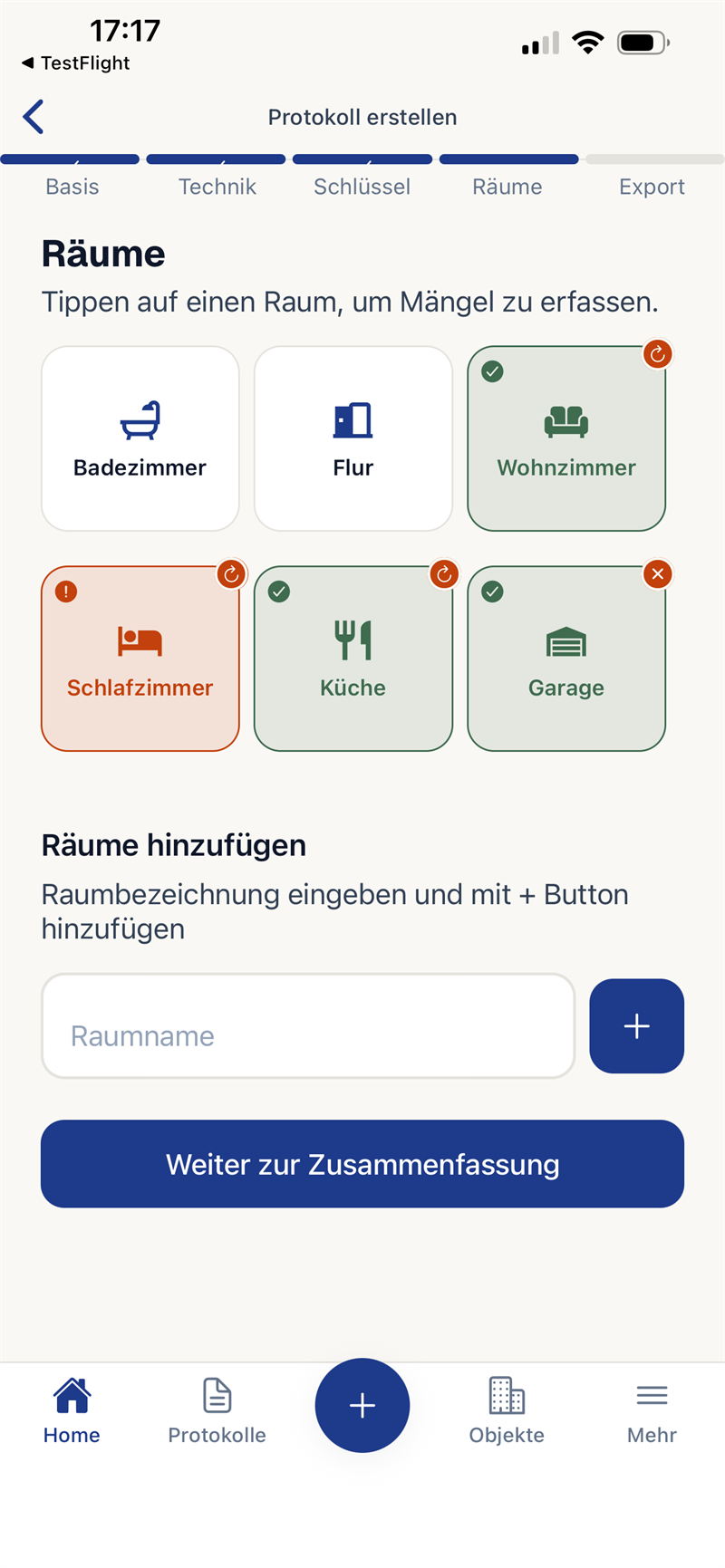 App-Screen: Räume-Übersicht mit Status je Raum