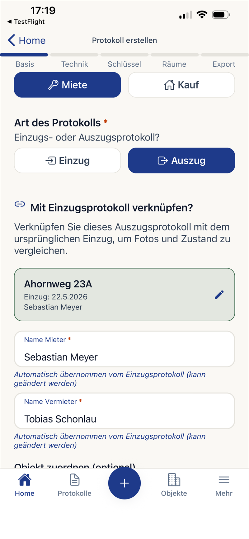 App-Screen: Übergabe anlegen — Miete oder Kauf, Einzug oder Auszug wählen