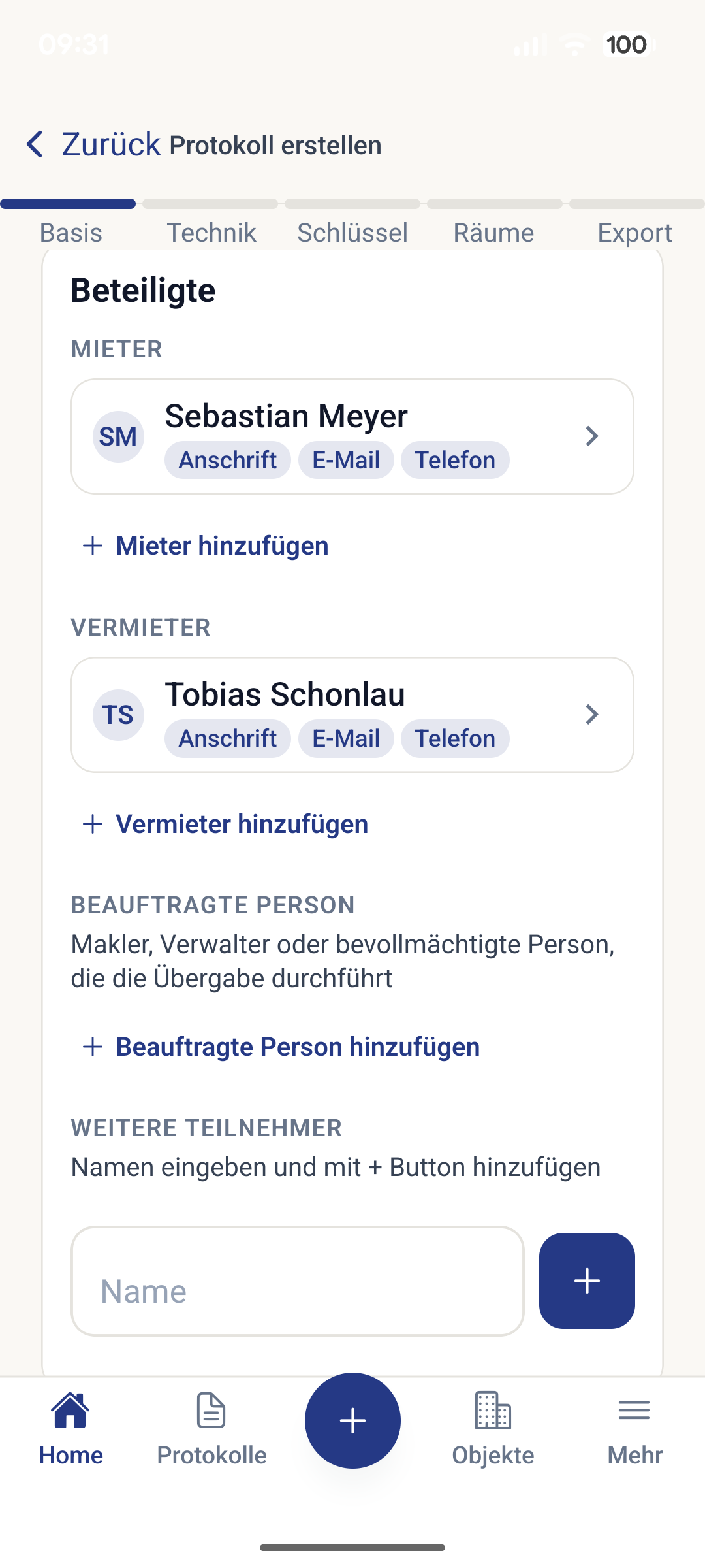 App-Screen: Beteiligte erfassen — Mieter und Vermieter mit Anschrift, E-Mail und Telefon, dazu beauftragte Person und weitere Teilnehmer