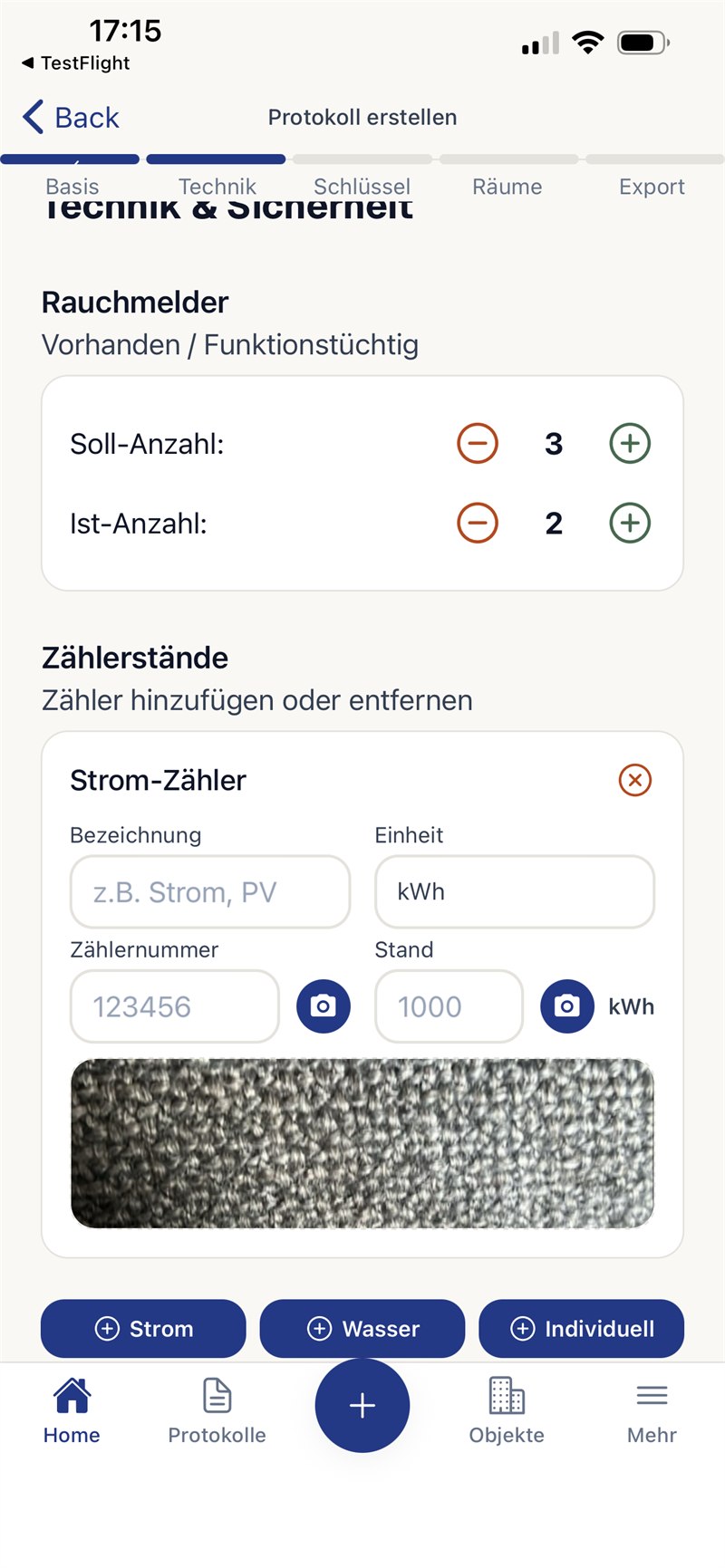 App-Screen: Technik & Sicherheit — Rauchmelder und Zählerstände erfassen