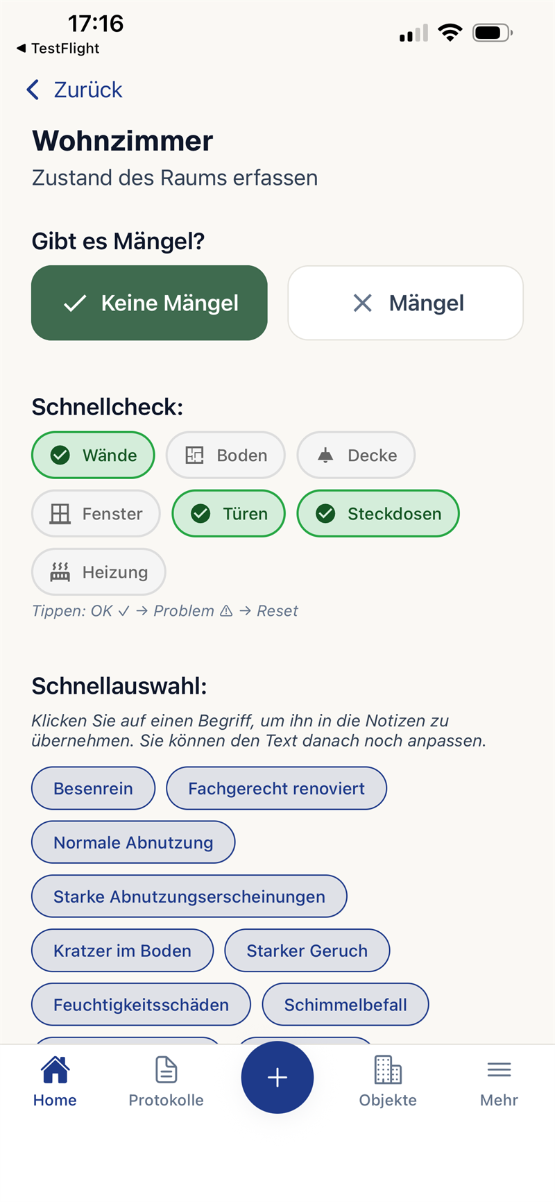 App-Screen: Raum-Check im Wohnzimmer — Checkliste mit Schnellcheck-Chips für Wände, Böden, Fenster & Co.