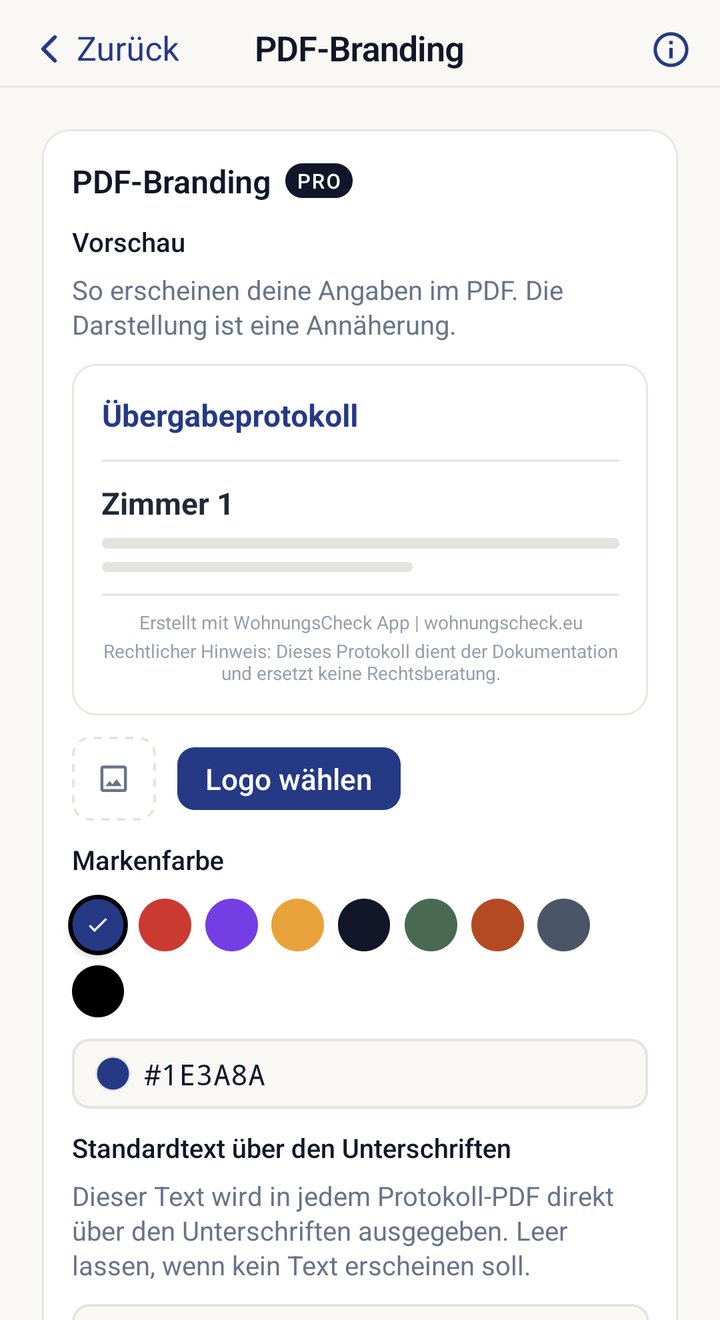 PDF-Branding mit Vorschau, Logo-Auswahl und Markenfarbe samt Hex-Wert