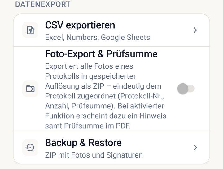 Einstellungen, Abschnitt Datenexport mit „CSV exportieren“, Foto-Export und Backup