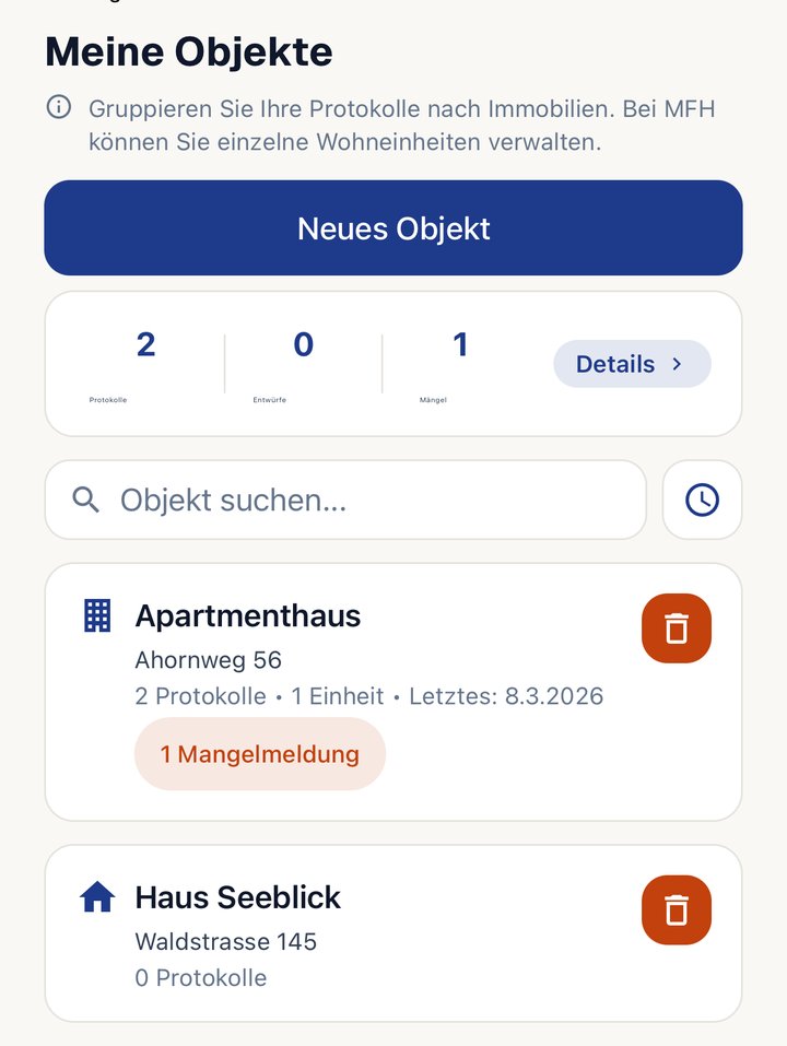 Objektübersicht „Meine Objekte“ mit zwei Immobilien und Mangelmeldung