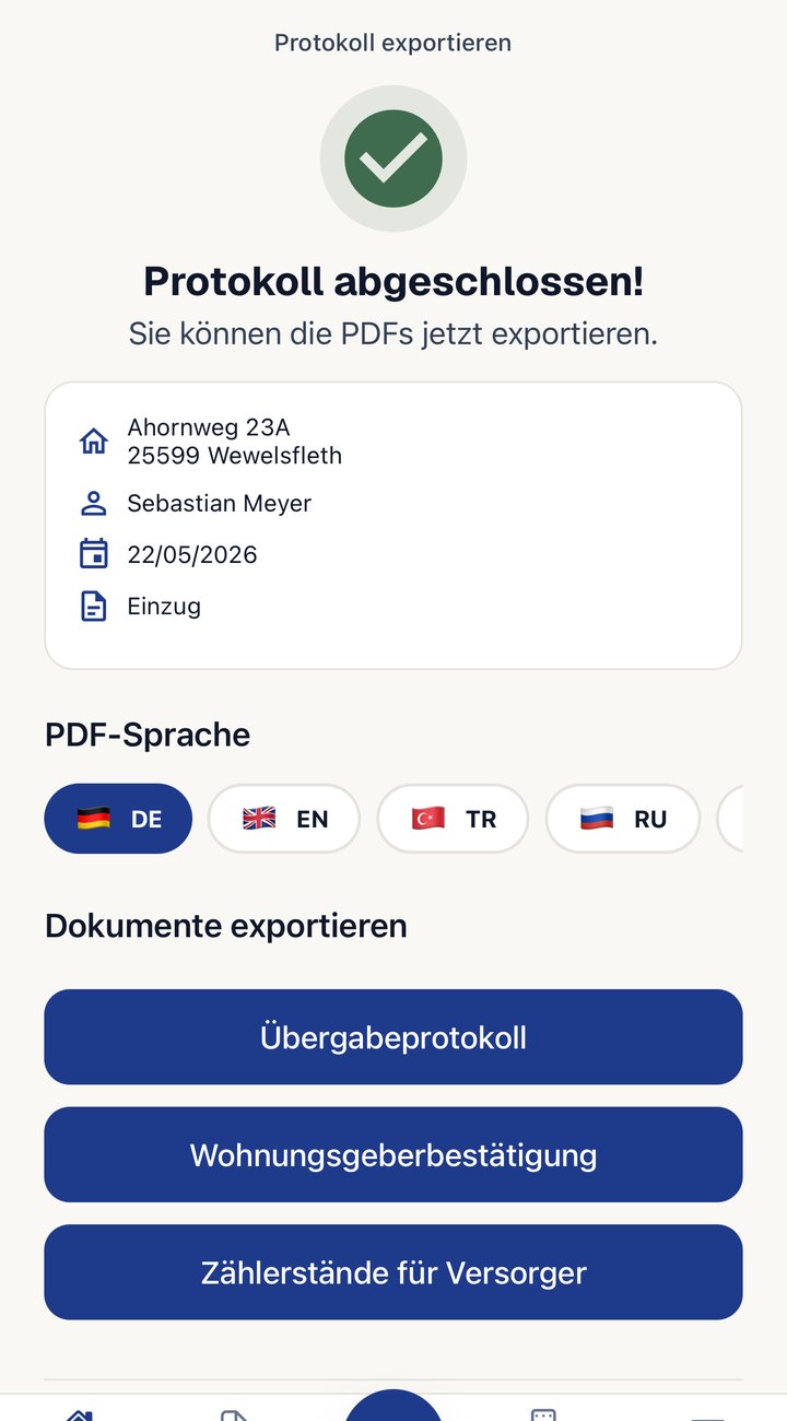 Export-Screen: Protokoll abgeschlossen, PDF-Sprache und Dokumente zum Export