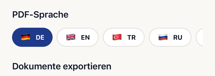 Auswahl der PDF-Sprache mit Deutsch, Englisch, Türkisch und Russisch