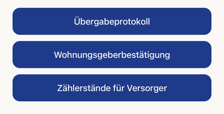 Export-Screen mit dem Button „Wohnungsgeberbestätigung“ zwischen Übergabeprotokoll und Zählerständen
