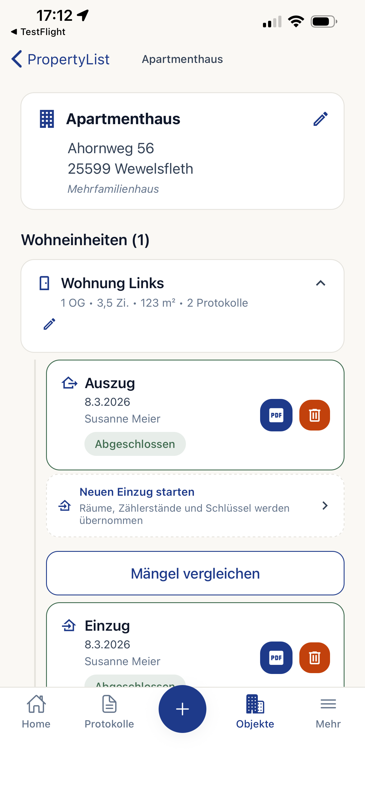 Objektverwaltung auf dem iPhone — Apartmenthaus mit Wohneinheiten und Protokoll-Historie